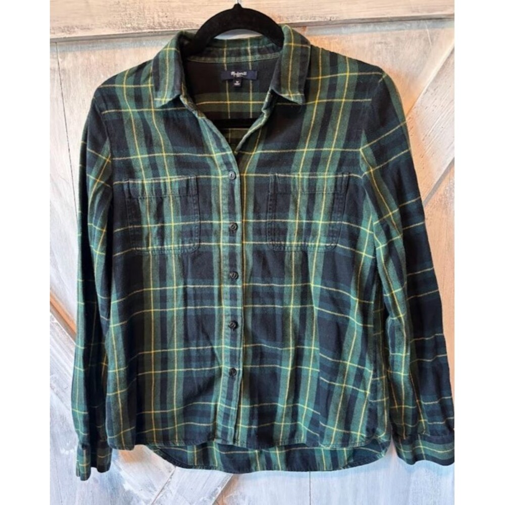 MADEWELL Women’s Medium Flannel Shirt Plaid Green Black Button Down Fall Winter